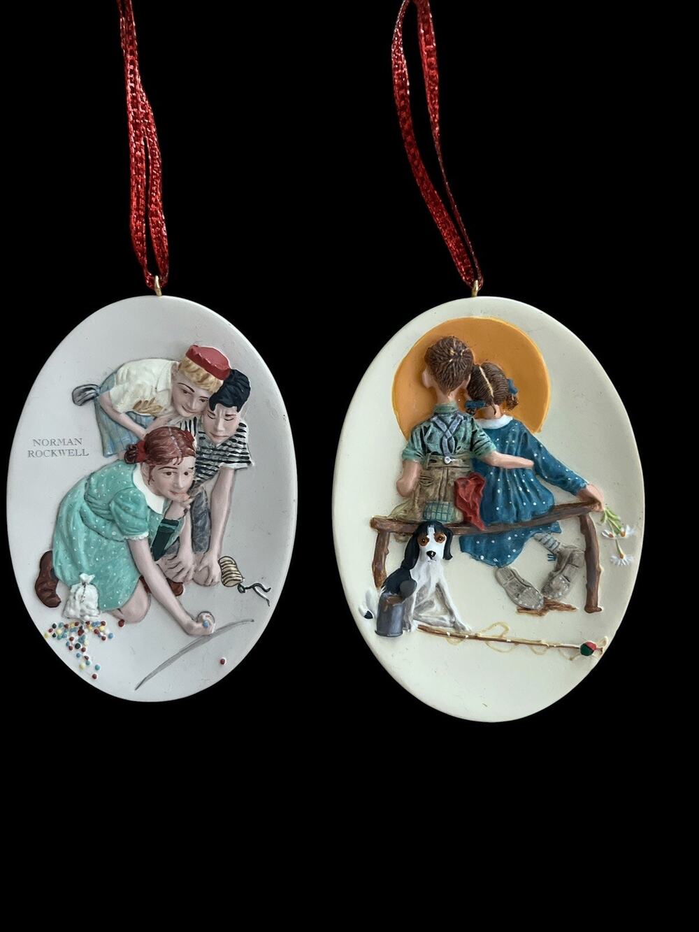 Little Spooners And Marbles Champion Norman Rockwell Art 2 Hallmark Ornaments